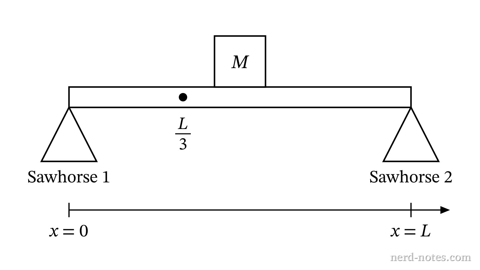 Non-uniform plank supported by two sawhorses at its ends.