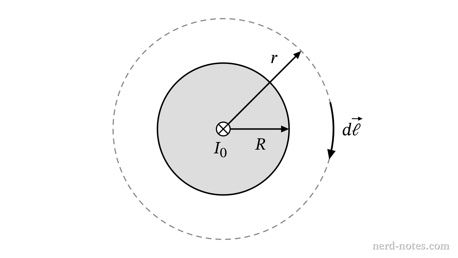 Cross-sectional view of a cylindrical wire of radius \(R\) and a concentric circular Amperian loop of radius \(r\).