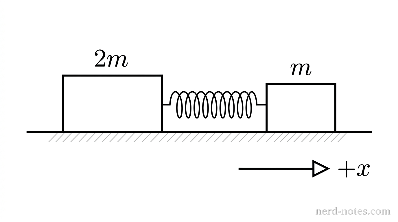 Two carts on a horizontal track with a compressed spring between them.