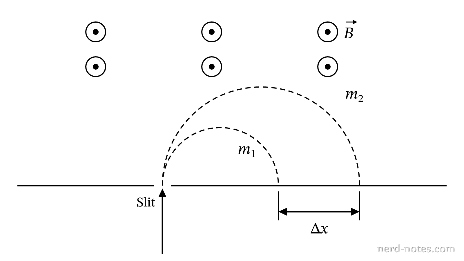 Semicircular paths of two isotopes entering a magnetic field with identical kinetic energy.