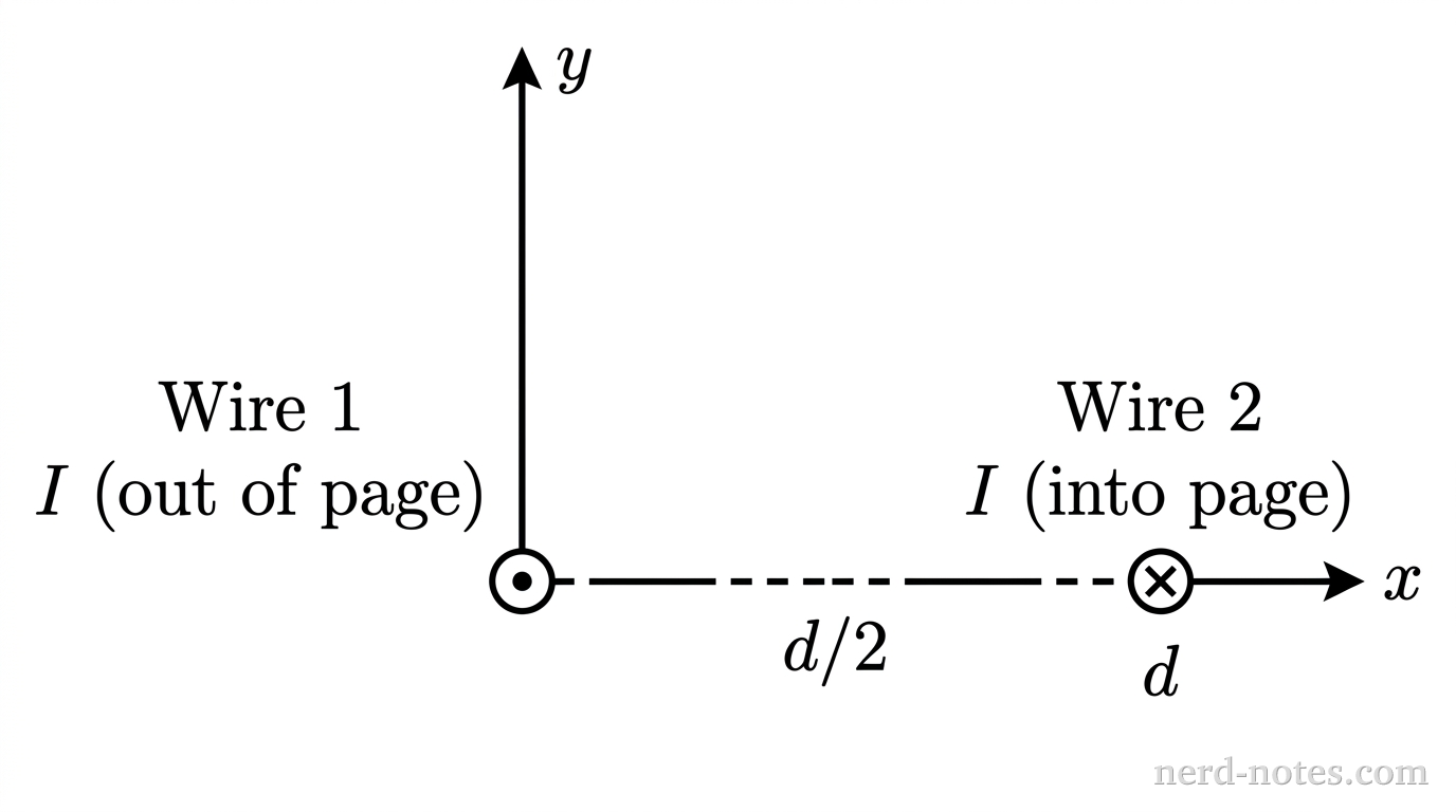 Two parallel wires carrying equal currents in opposite directions.