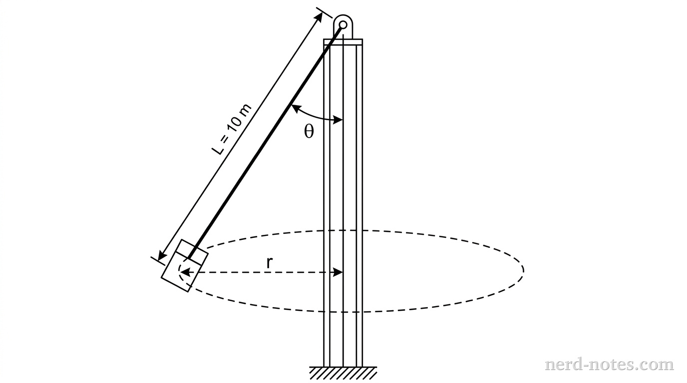 A physical setup diagram showing a tall vertical tower with a pivot point at the top. A single chain of length 10 meters hangs from the pivot, connected to a chair. The chair and chain are drawn at an angle theta from the vertical. The child is depicted as a simplified block sitting in the chair. A dashed circular path is drawn indicating the radius of rotation of the chair. A horizontal dimension line indicates the radius r, and an arc marker labels the angle theta between the vertical tower and the taut chain.