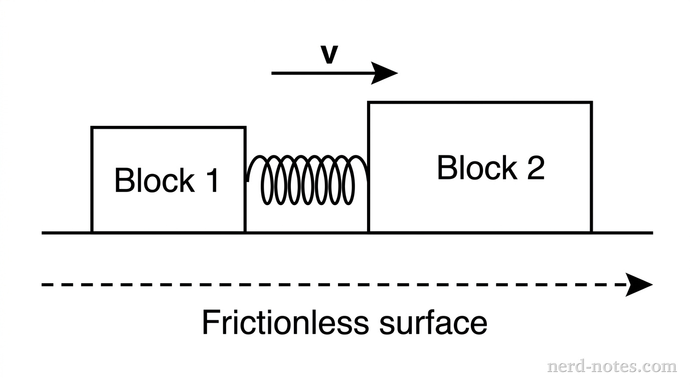 Two rectangular blocks of different sizes positioned horizontally on a frictionless surface. Block 1 (on the left) and Block 2 (on the right) are connected by a coiled spring compressed between them. A velocity vector arrow pointing to the right labeled 'v' is shown above the center of mass of the two-block system. Below the blocks, a horizontal dashed line represents the path of motion.
