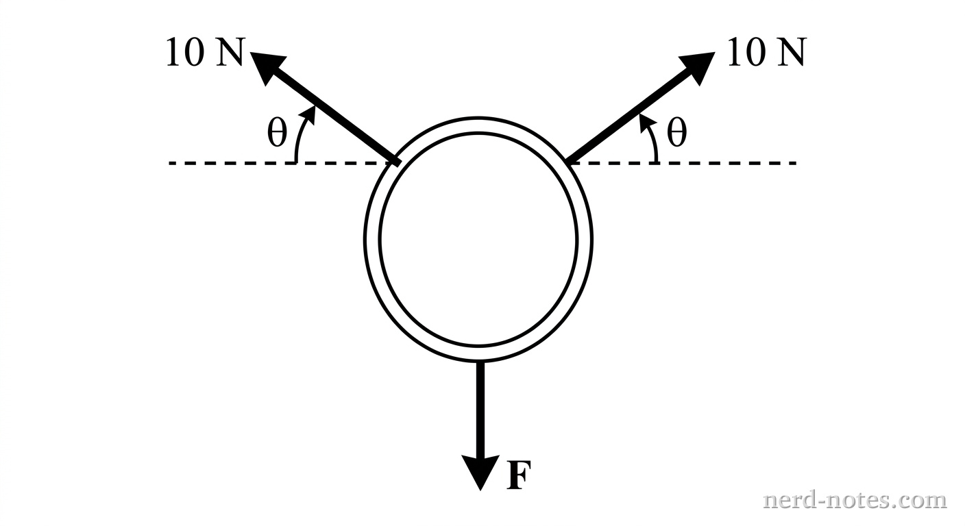 A circular ring is centered in the diagram. Two force vectors, each labeled '10 N', pull upward and outward from the top left and top right sides of the ring, forming an angle 'θ' with the horizontal dashed line extending from each side of the ring. A third, thicker downward-pointing force vector is labeled 'F' originating from the bottom center of the ring.