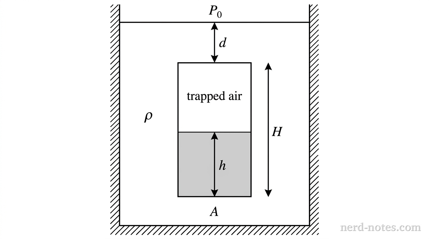 A vertical cross-sectional view of a water tank with a horizontal water surface line labeled P_0 at the top. A cylindrical diving bell of height H and cross-sectional area A is submerged vertically in water of density \rho. The flat top of the bell is located at a depth d below the water surface, indicated by a vertical double-headed arrow labeled d. The open bottom of the bell is at a total depth d + H. Water has entered through the bottom of the bell, filling it to a height h from the bottom, indicated by a shaded region inside the lower portion of the bell with a height dimension labeled h. The remaining upper portion of height H - h inside the bell is unshaded and labeled trapped air. No other labels, lines, text, or axes appear.
