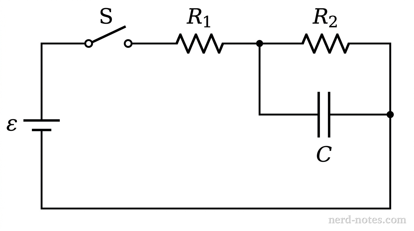 A circuit diagram showing an ideal battery with emf epsilon at the left. A switch S is in the top wire. After the switch, resistor R1 is in series. Following R1, the circuit splits into two parallel branches: the top branch contains resistor R2 and the bottom branch contains a capacitor C. The branches then recombine and return to the negative terminal of the battery.