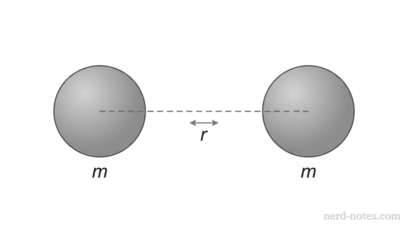 Two identical shaded spheres are positioned horizontally. A dashed line segment connects the geometric center of the left sphere to the geometric center of the right sphere. A label r is centered below this dashed line segment, indicating the distance between the two centers.