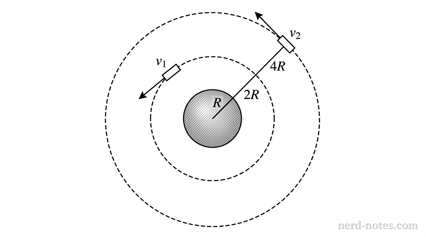 A physics diagram showing a planet at the center with radius R. Draw two concentric dashed circular orbits around it. The inner orbit is at distance 2R from the center and has a satellite labeled v1 with a tangential velocity arrow. The outer orbit is at distance 4R from the center and has a satellite labeled v2 with a tangential velocity arrow. Label the planet radius as R from center to surface. Clean textbook-style diagram, minimal background, clear spacing.