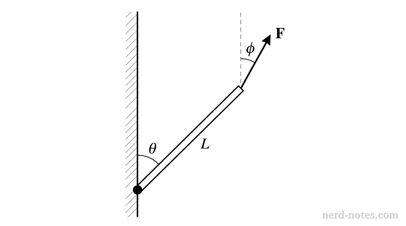 A vertical line represents a wall. A rod of length L is attached to a pivot at the bottom of the wall and extends upward and to the right into the first quadrant. An angle theta is labeled between the vertical wall and the rod. At the top end of the rod, a force vector F is drawn. A dashed vertical line is drawn upward from the top of the rod, and an angle phi is labeled between this dashed vertical line and the force vector F. The force vector F points generally upward and to the right, but closer to the vertical than the rod is (since theta > phi).