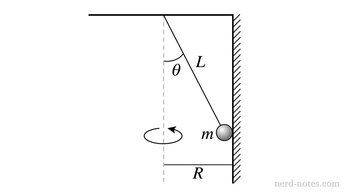 A 2D cross-sectional side view showing a horizontal line representing a ceiling. A vertical dashed line extends downward from the center of the ceiling. A solid vertical line representing a wall is parallel to the dashed line, located a distance R to the right. A string of length L is attached to the ceiling where the dashed line begins, extending diagonally down and to the right, ending at a small sphere of mass m. The sphere is touching the vertical wall. An angle theta is marked between the vertical dashed line and the string. A circular arrow around the dashed line indicates the sphere rotates around the central axis.
