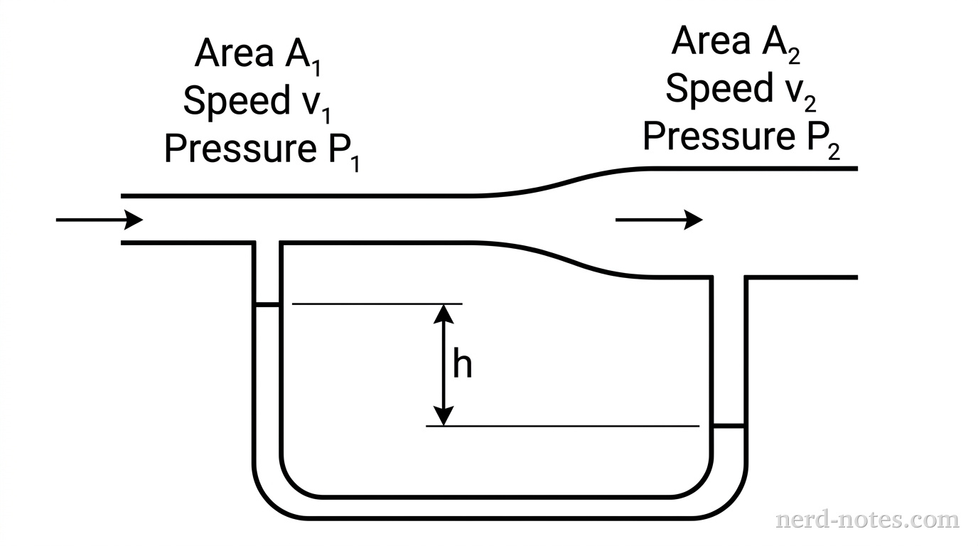 A horizontal pipe with fluid flowing from left to right. The left section of the pipe is narrow and labeled with area A_1, speed v_1, and pressure P_1. The pipe widens smoothly into a larger right section labeled with area A_2, speed v_2, and pressure P_2. A U-shaped tube (manometer) connects the bottom edge of the narrow section to the bottom edge of the wide section. Inside the U-tube is a darker shaded liquid. The level of the darker liquid is higher in the left arm of the U-tube (connected to the narrow section) and lower in the right arm (connected to the wide section). The vertical difference in height between the two liquid levels is marked with double arrows and labeled 'h'.
