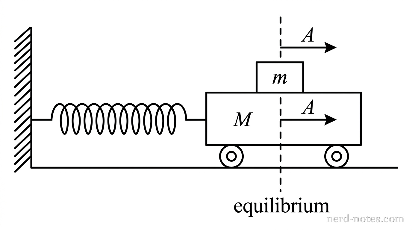 A horizontal spring is attached to a vertical wall on the left. The other end of the spring is attached to a rectangular cart of mass M. On top of the cart sits a smaller rectangular block of mass m. The cart is on a flat horizontal surface. A dashed vertical line marks the equilibrium position of the cart's center. An arrow labeled A indicates the displacement of the cart to the right of the equilibrium line.