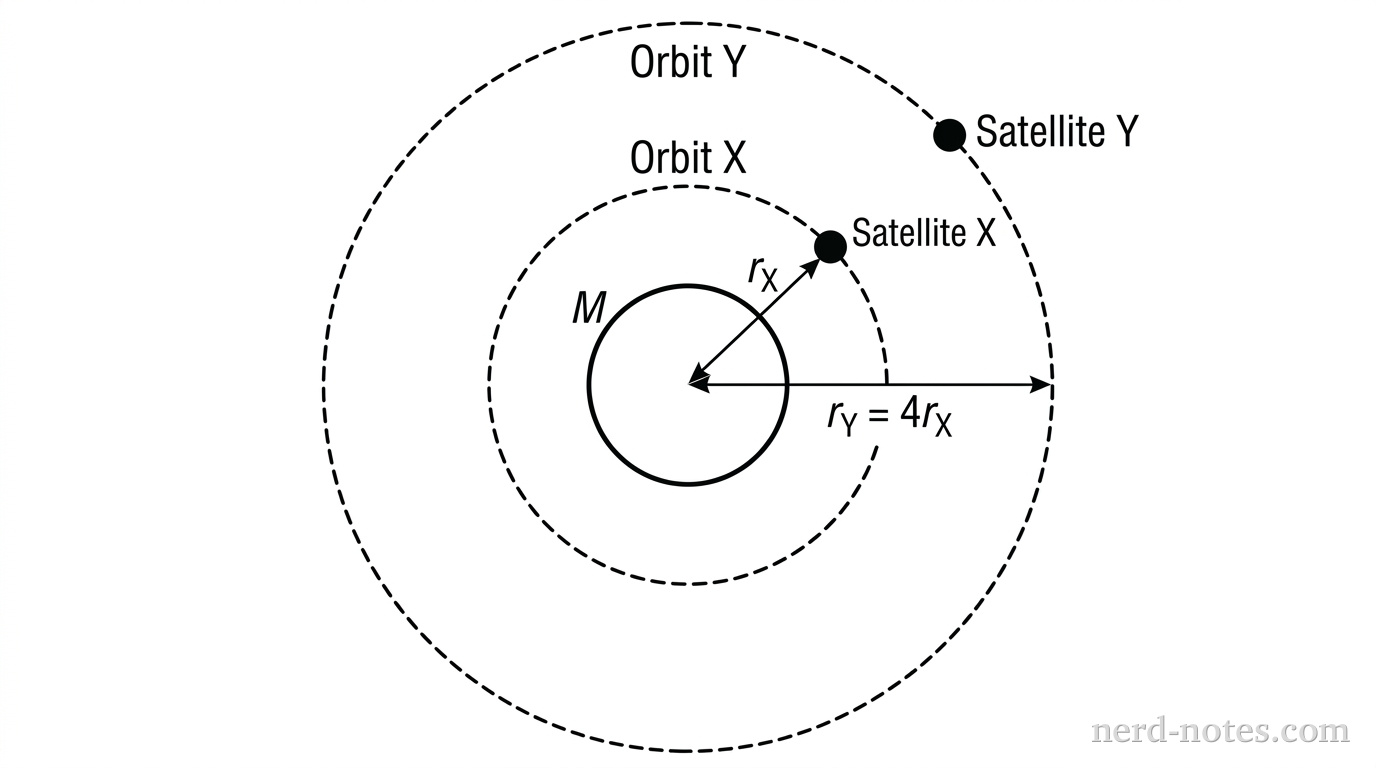 A diagram shows a central planet labeled with mass M. Two concentric dashed circles represent the orbits of two satellites. The inner circle is labeled Orbit X and shows Satellite X at a distance r_X from the center. The outer circle is labeled Orbit Y and shows Satellite Y at a distance r_Y = 4r_X from the center.