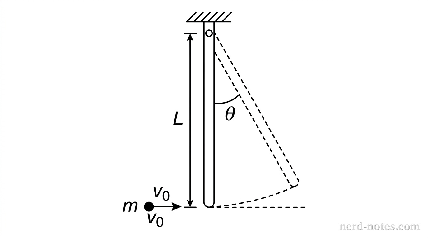 A vertical rod of length L is suspended from a pivot at the top. A projectile of mass m is moving to the right with velocity v0 toward the bottom of the rod. A dashed line shows the rod swinging up to an angle theta.