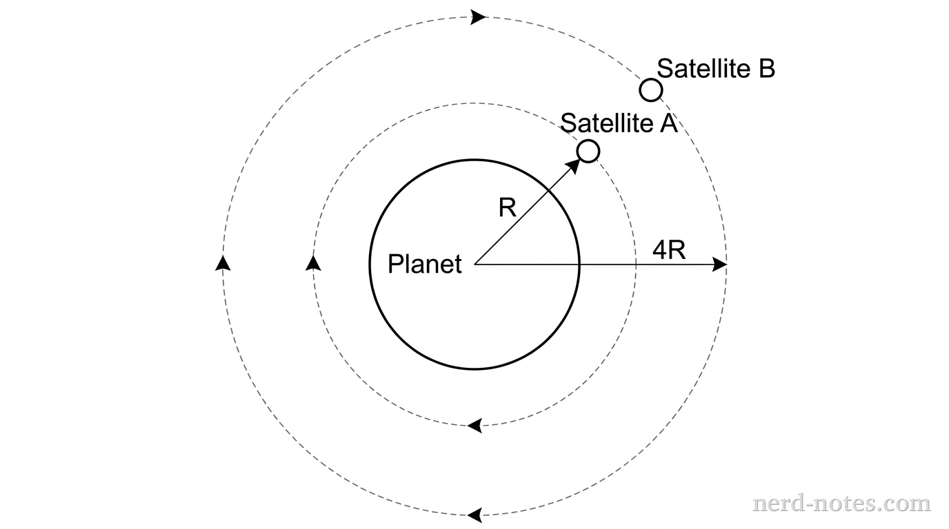 A diagram showing a planet at the center with two concentric dashed circles representing the orbits. Satellite A is on the inner dashed circle with radius R. Satellite B is on the outer dashed circle with radius 4R.