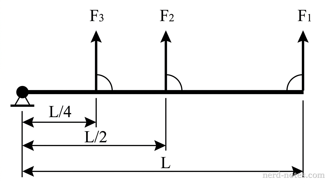 Top-down view of a door with applied forces at various distances from the hinge.