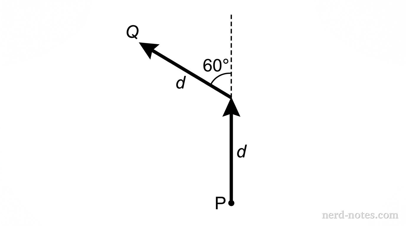 A vector diagram showing the displacement in two steps. The first vector is an arrow labeled 'd' pointing vertically upward (North) from a starting point P. A second vector, also labeled 'd', begins at the tip of the first arrow and points into the second quadrant (North-West). A dashed vertical line extends upward from the junction of the two vectors, and an angle of 60 degrees is labeled between this dashed line and the second vector. The tip of the second vector is labeled point Q.