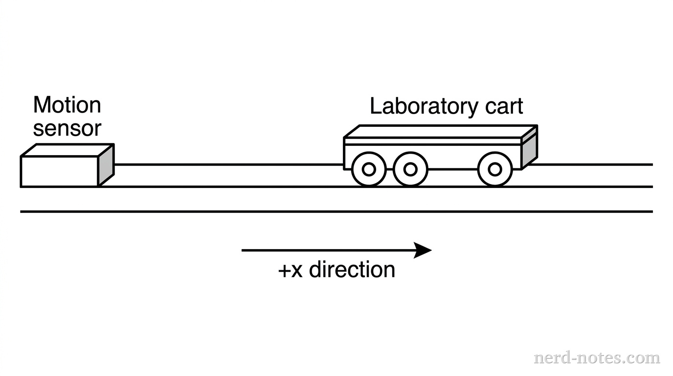 A laboratory cart on a smooth horizontal track. A motion sensor is positioned at the left end of the track. A coordinate axis below the track shows an arrow pointing to the right labeled as the positive x-direction.