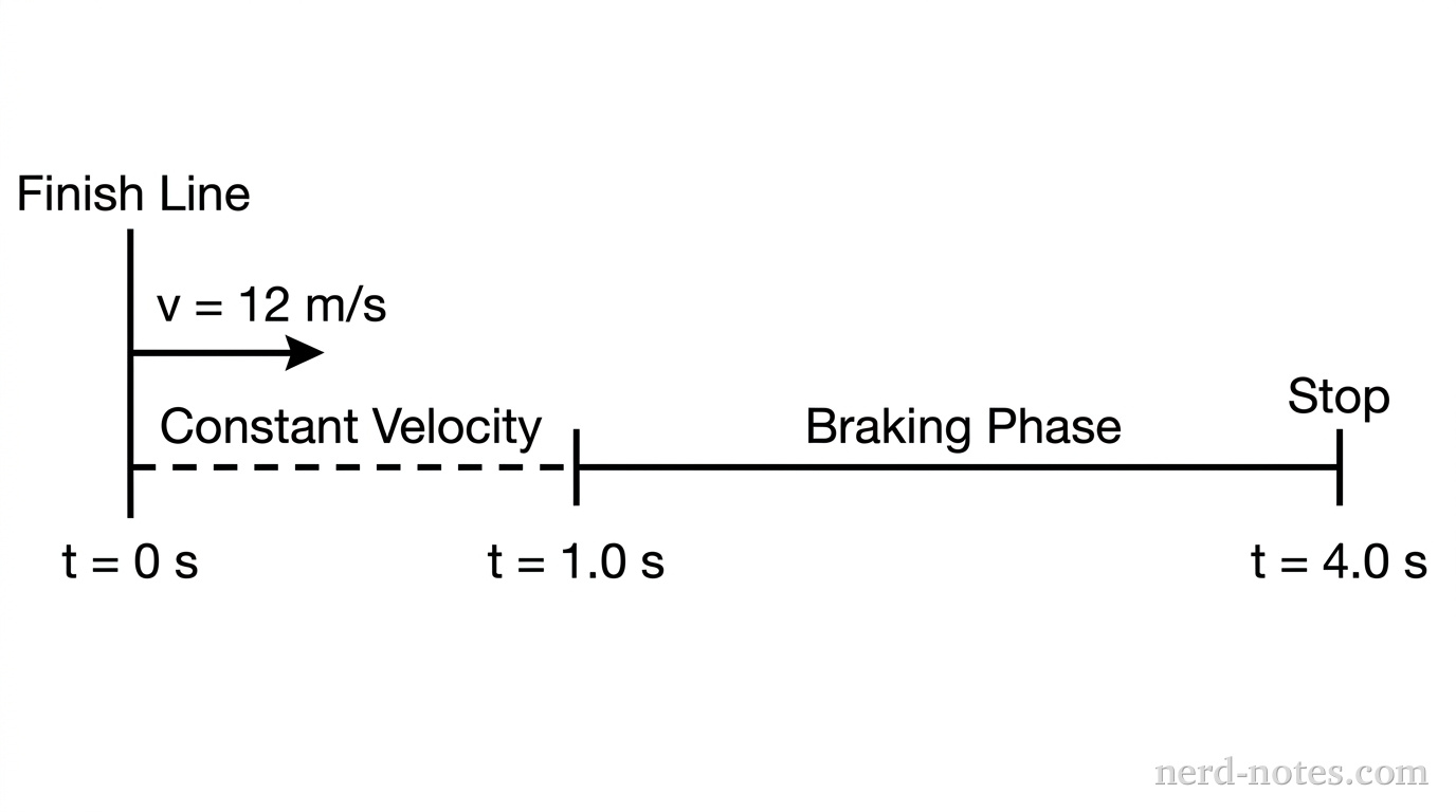 A horizontal line representing the track. At the left, a figure is labeled 'Finish Line' with a velocity arrow labeled 12 m/s. A horizontal dashed segment extends to the right for 1.0 s labeled 'Constant Velocity'. A second segment continues to the right labeled 'Braking Phase' ending at a point labeled 'Stop' at 4.0 s total.
