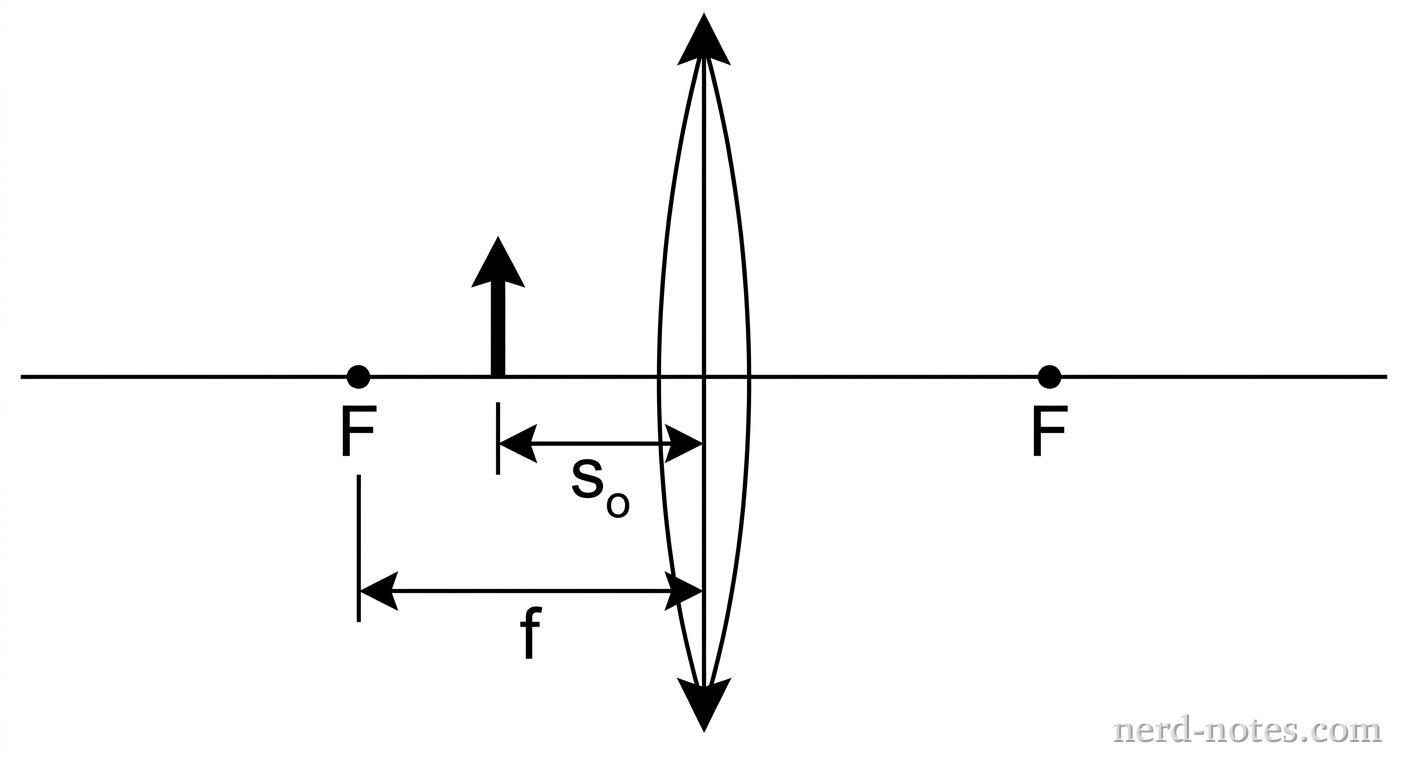 A thin converging lens is positioned vertically at the center of the figure. A horizontal principal axis passes through the center of the lens. Two focal points, each labeled F, are marked on the axis at equal distances on either side of the lens. A small upright solid arrow, representing the object, stands on the principal axis between the lens and the left-side focal point, noticeably closer to the lens than to F. The object's distance from the lens is labeled s_o, and the distance from the lens to the left focal point is labeled f, with s_o visibly smaller than f. No light rays are drawn, no ray tracing is shown, and no image is drawn â the figure contains only the lens, the principal axis, the two labeled focal points, the labeled object arrow, and the two distance label.