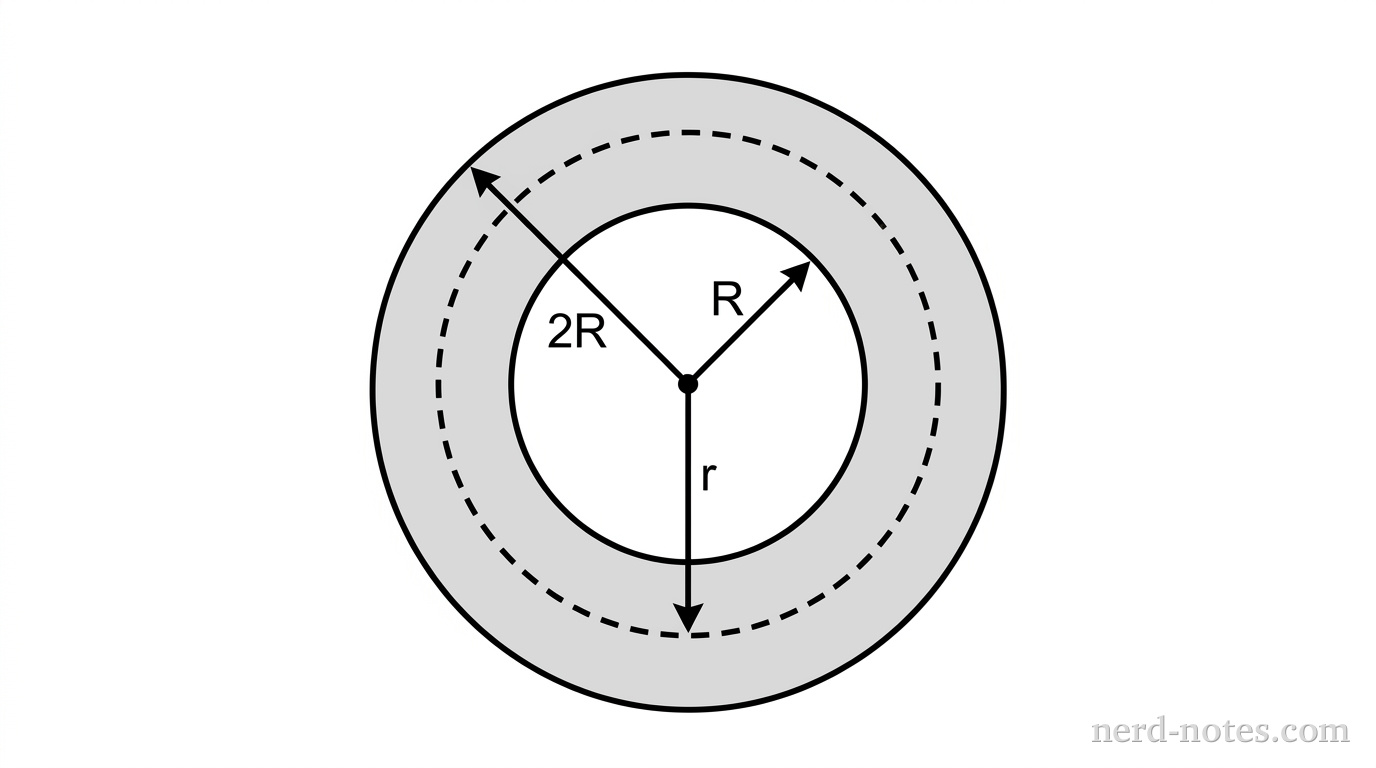 Cross-section of a thick spherical shell, drawn as three concentric circles sharing one center, marked with a small black dot. The inner circle has radius R; the outer circle has radius exactly twice the inner circle's; a dashed middle circle lies between them at radius r. The annular region between the inner and outer circles is shaded light gray to represent the charged material; the region inside the inner circle is empty white. Draw exactly three radius arrows, all starting at the center dot: a solid arrow toward the upper-right (45 degrees) ending with its arrowhead touching the inner circle, labeled R at the arrow's midpoint; a solid arrow toward the upper-left (135 degrees) ending with its arrowhead touching the outer circle, labeled 2R at its midpoint; and a solid arrow pointing straight down ending with its arrowhead touching the dashed circle, labeled r at its midpoint. Exactly one arrow and one label per radius value — no duplicate radius lines, no tick marks, no extra labels, and no text or formulas anywhere else in the figure.