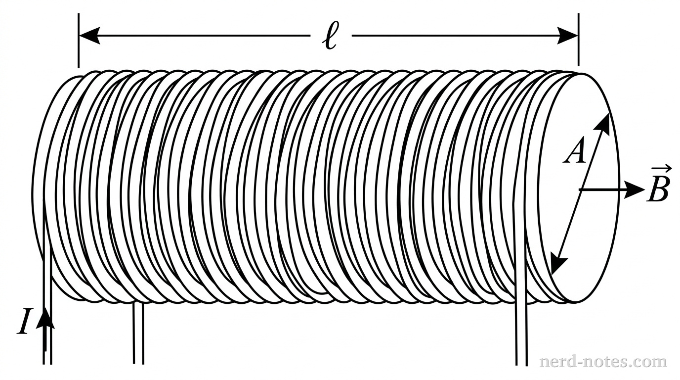 An ideal solenoid of length \(\ell\), area \(A\), and \(N\) turns.