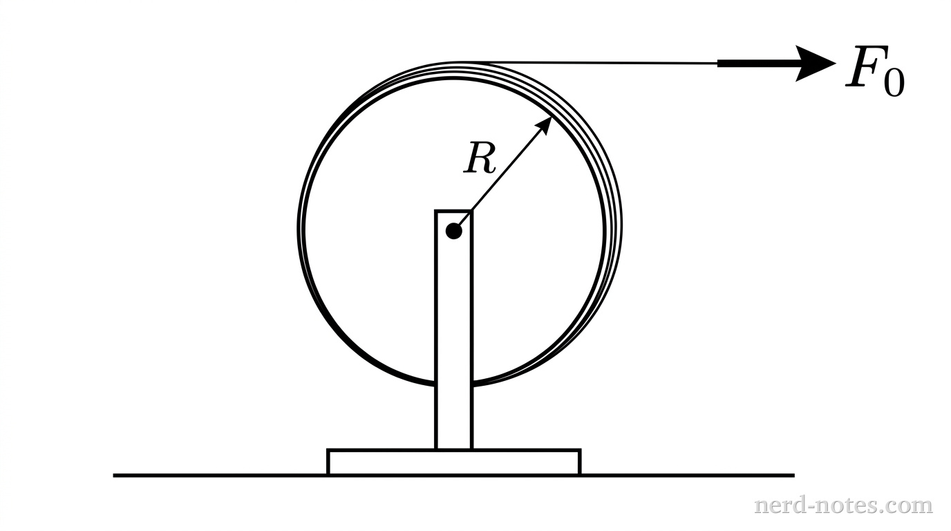 Cylinder on a fixed axle turned by a string pulled with force F0