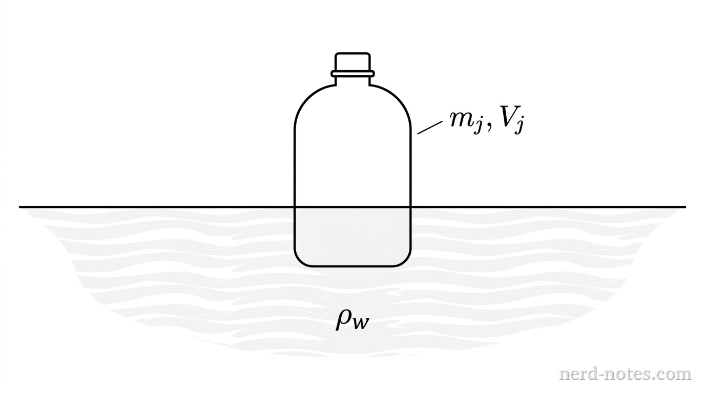 Empty jug of mass m_j and volume V_j floating high in water