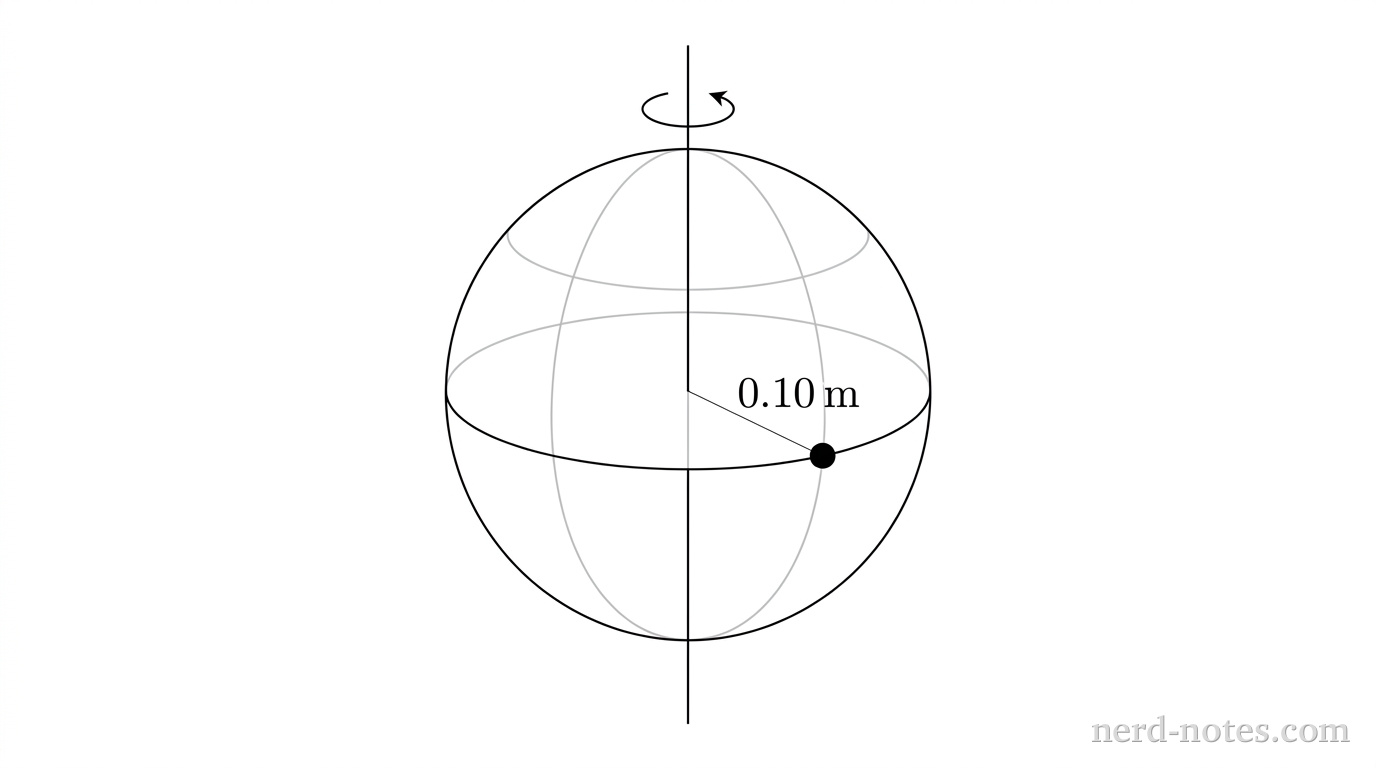 Globe of radius 0.10 m spinning about a vertical axis, a dot on its equator