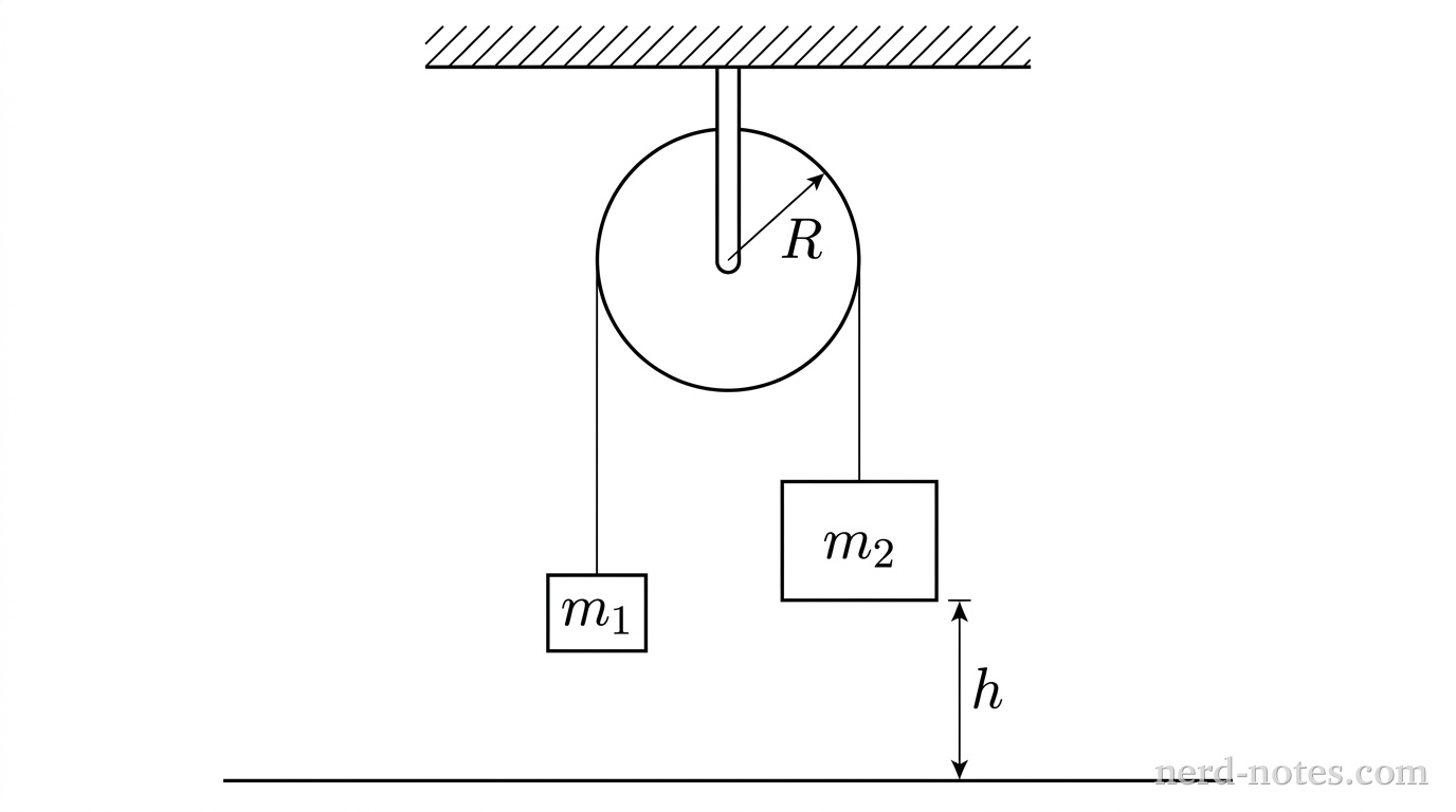 Atwood machine: pulley of radius R, m1 on the left, m2 a height h above the ground