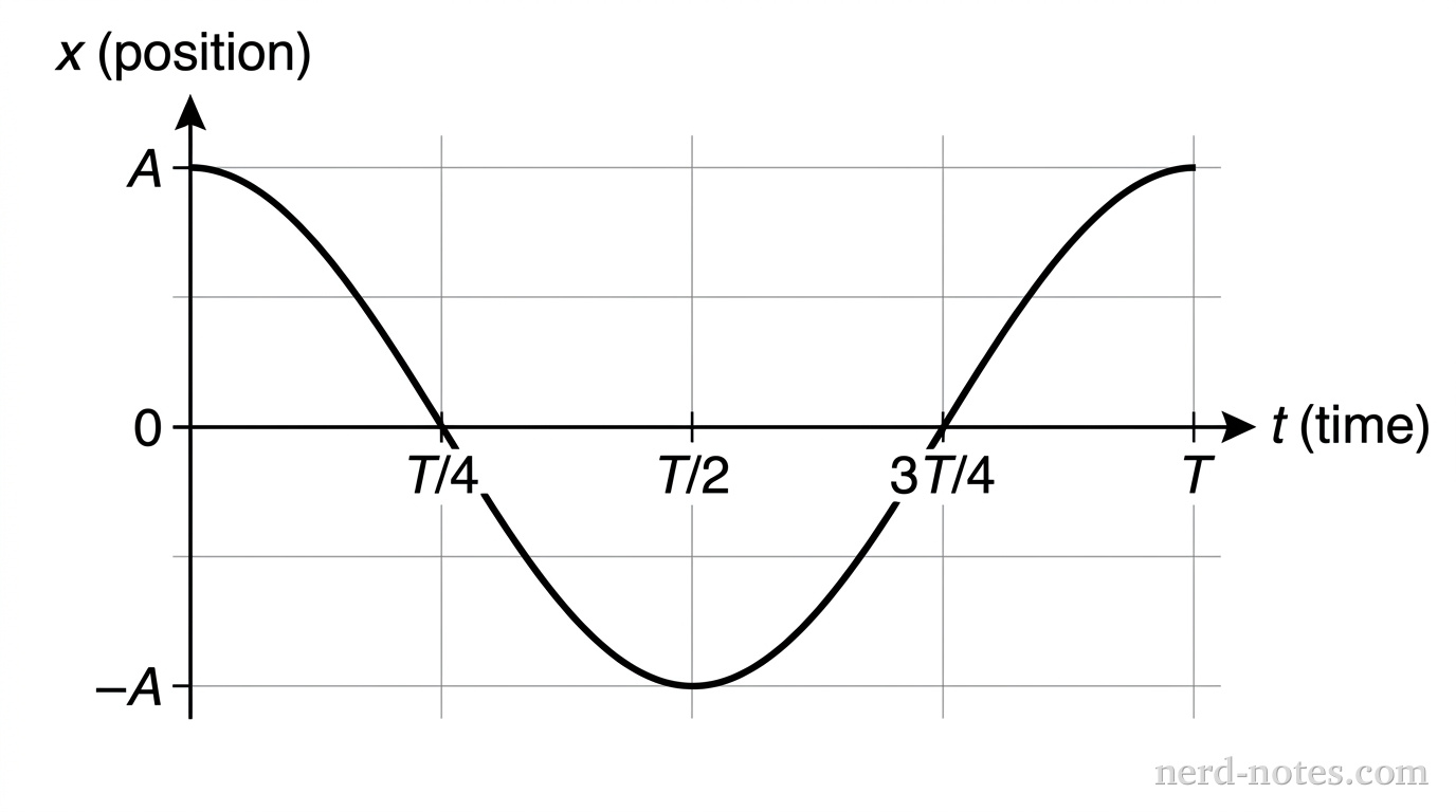 A qualitative position vs time graph for simple harmonic motion. The vertical axis is position x, and the horizontal axis is time t. The curve starts at a peak at (0, A), decreases to cross the t-axis at T/4, reaches a minimum at (T/2, -A), crosses the t-axis again at 3T/4, and returns to a peak at (T, A). This is a standard cosine curve.
