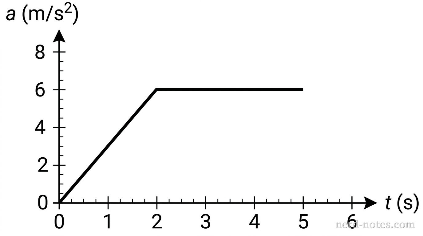 An acceleration-time graph with acceleration a in m/s² on the y-axis and time t in s on the x-axis. The y-axis scale goes from 0 to 8 with labeled tick marks every 2 units. The x-axis scale goes from 0 to 6 with labeled tick marks every 1 unit. The graph starts at the origin (0, 0) and rises linearly to the point (2, 6). From (2, 6), the graph is a horizontal line ending at the point (5, 6).