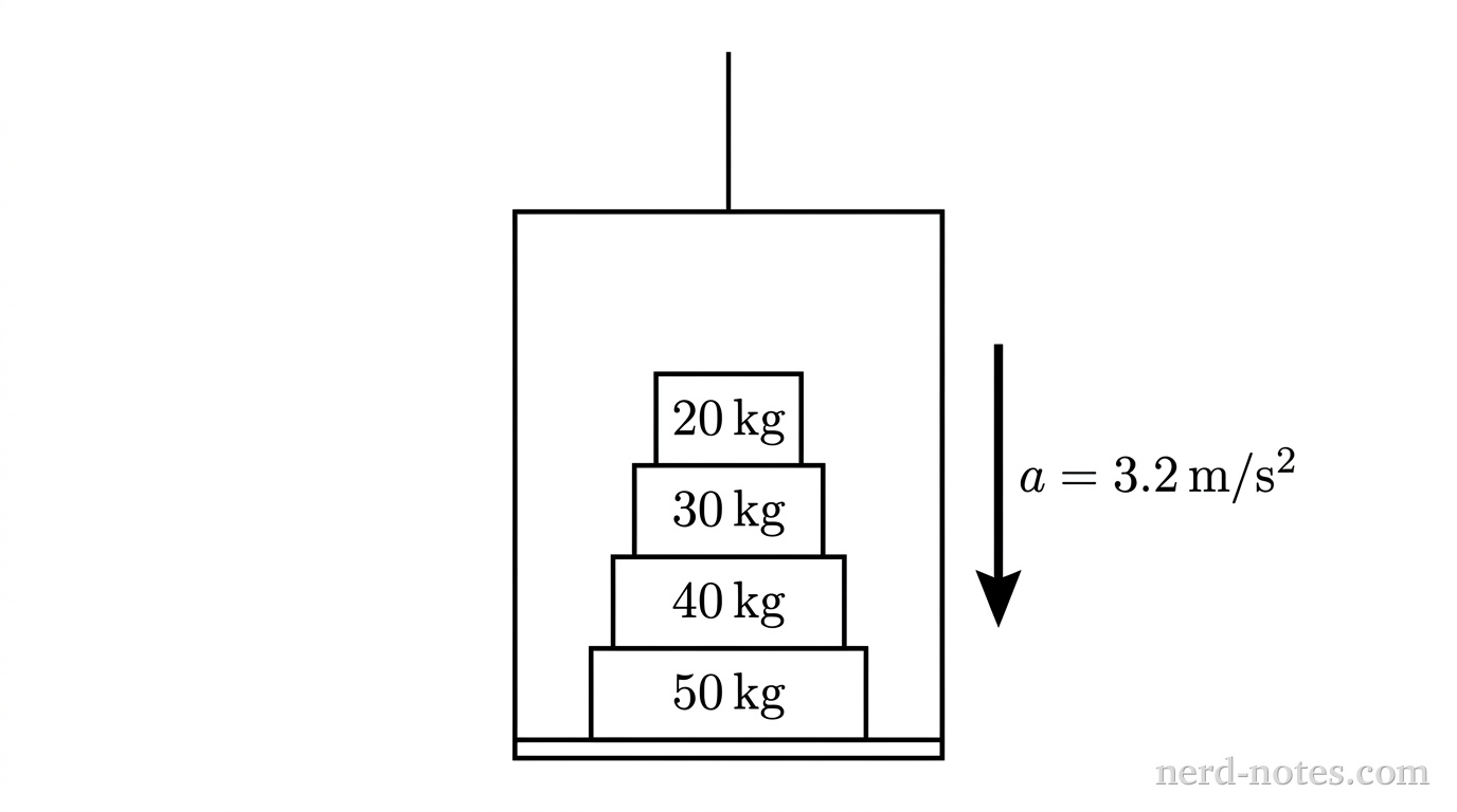 Four stacked blocks in an elevator accelerating downward at 3.2 m/s squared