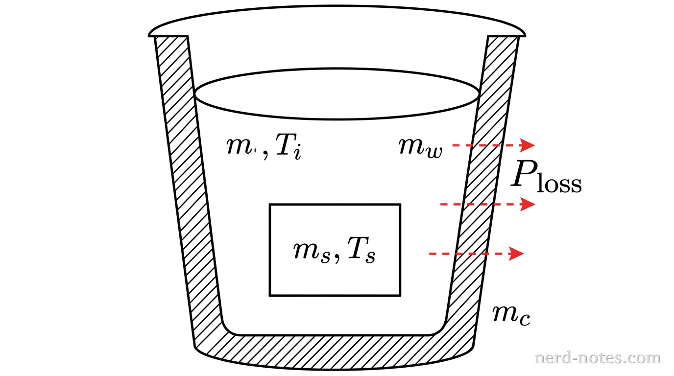 A cutaway schematic of an insulated calorimeter cup of mass \(m_c\) containing water of mass \(m_w\) at initial temperature \(T_i\). A solid metal sample block of mass \(m_s\) at initial temperature \(T_s\) is submerged inside the water. Red dashed arrows point from the water toward the outer wall of the calorimeter, labeled \(P_{\text{loss}}\), indicating heat transfer to the environment. Labels identify \(m_s\), \(m_w\), and \(m_c\). No other labels, lines, text, or axes appear.