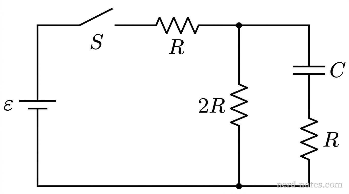 A rectangular schematic diagram of a DC circuit. On the left vertical segment is an ideal battery labeled \(\varepsilon\), with the longer positive plate at the top. The top wire extends to the right, containing an open switch labeled \(S\) and a resistor labeled \(R\). To the right of resistor \(R\), the wire reaches a junction that splits into two parallel vertical branches. The middle vertical branch contains a single resistor labeled \(2R\). The right vertical branch contains an uncharged capacitor labeled \(C\) in series above a resistor labeled \(R\). The bottom ends of both vertical branches connect to a common bottom horizontal wire that returns to the negative terminal of the battery. No other labels, lines, text, or components appear.