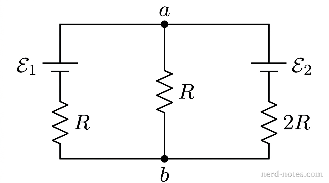 Two-loop circuit schematic with two batteries and three resistors.