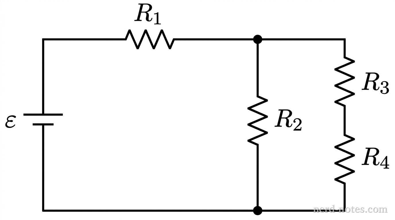Circuit schematic with four identical lightbulbs and an ideal battery.