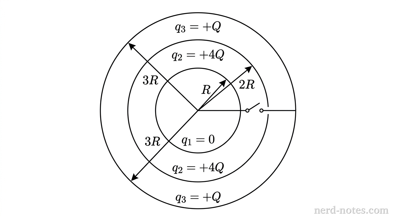 A cross-sectional diagram of three concentric circular conducting shells centered at the origin. The innermost shell has radius R, the middle shell has radius 2R, and the outermost shell has radius 3R. The innermost shell is labeled with initial charge q1 = 0. The middle shell is labeled with initial charge q2 = +4Q. The outermost shell is labeled with initial charge q3 = +Q. A thin wire with an open switch connects the innermost shell to the outermost shell, passing through a small gap in the middle shell without touching it. No other labels, lines, text, or axes appear.