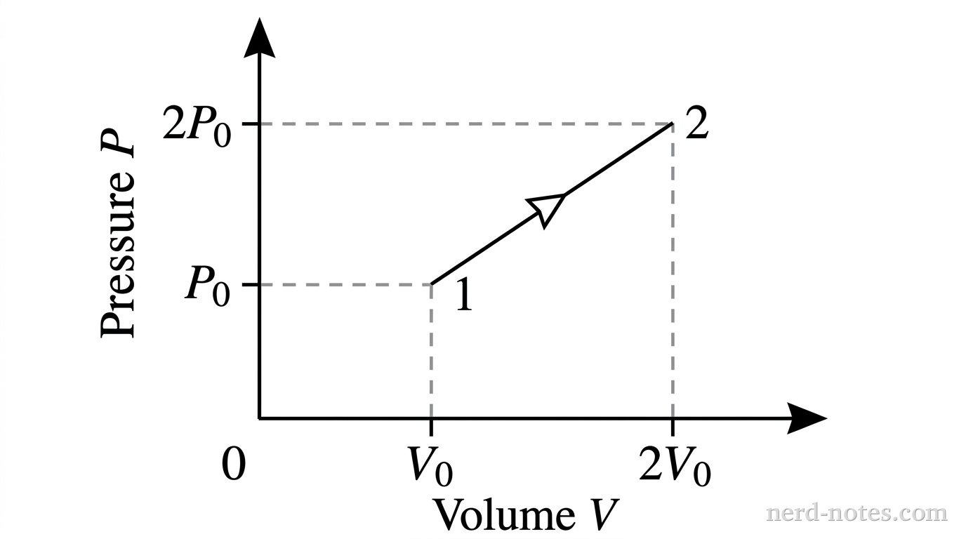A pressure versus volume graph (P vs V) for an ideal gas expansion. The vertical axis is labeled Pressure P with tick marks labeled P_0 and 2P_0. The horizontal axis is labeled Volume V with tick marks labeled V_0 and 2V_0. State 1 is located at coordinate (V_0, P_0) and state 2 is located at coordinate (2V_0, 2P_0). A solid straight line segment with an arrowhead pointing toward state 2 connects state 1 to state 2. Dashed vertical lines extend from (V_0, P_0) down to V_0 on the volume axis and from (2V_0, 2P_0) down to 2V_0 on the volume axis. Dashed horizontal lines extend from (V_0, P_0) left to P_0 on the pressure axis and from (2V_0, 2P_0) left to 2P_0 on the pressure axis. No other labels, lines, text, or axes appear.
