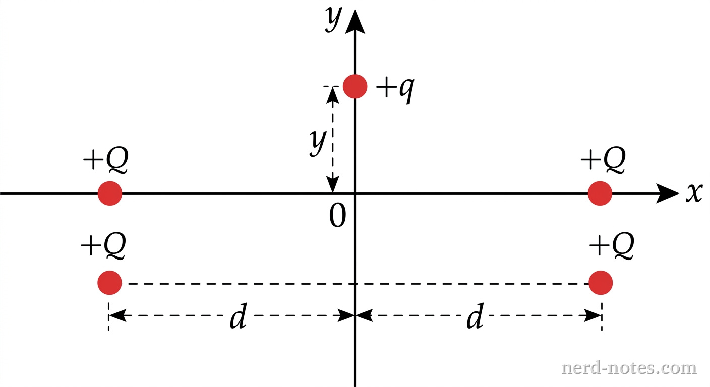 A 2D Cartesian coordinate system showing an x-axis and y-axis intersecting at the origin (0,0). Two filled red circles labeled +Q are fixed on the x-axis, one at x = -d and the other at x = +d. A dashed horizontal line segment connects the two +Q charges along the x-axis. A third filled red circle labeled +q is positioned on the positive y-axis at location (0, y). A dashed vertical line segment extends along the y-axis from the origin to +q, labeled with distance y. Double-headed dashed dimension lines indicate the distance d from the origin to each +Q charge on the x-axis. No other labels, lines, text, or axes appear.