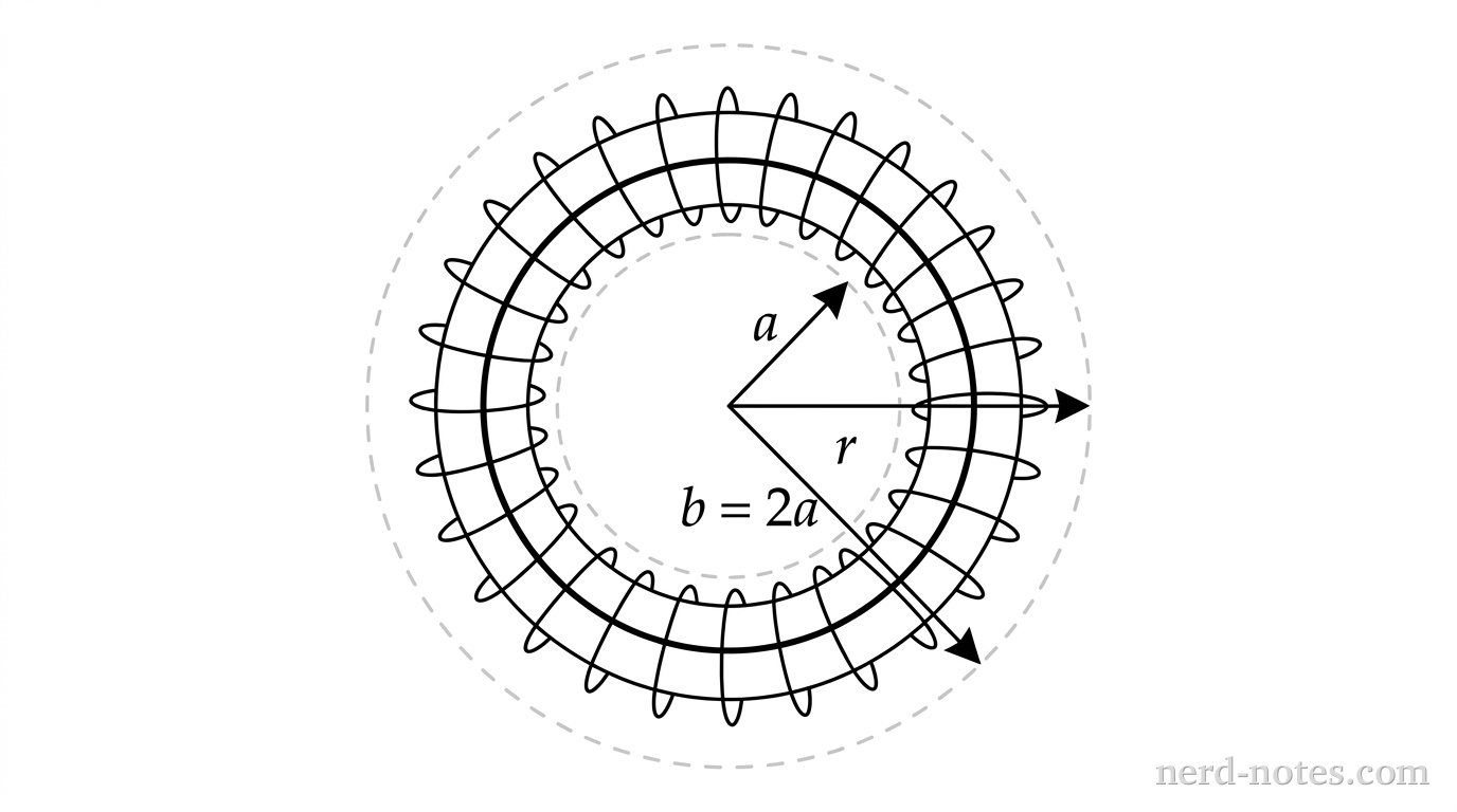 A top-down schematic diagram of a toroidal solenoid centered at the origin. Two concentric dashed circles represent the inner boundary of radius a and the outer boundary of radius b = 2a. A solid black circle represents a circular Amperian loop of radius r between a and b. Uniformly spaced small wire loops are wrapped around the torus. A straight arrow labeled a extends from the center to the inner boundary. A straight arrow labeled b = 2a extends from the center to the outer boundary. No other labels, lines, text, or axes appear.