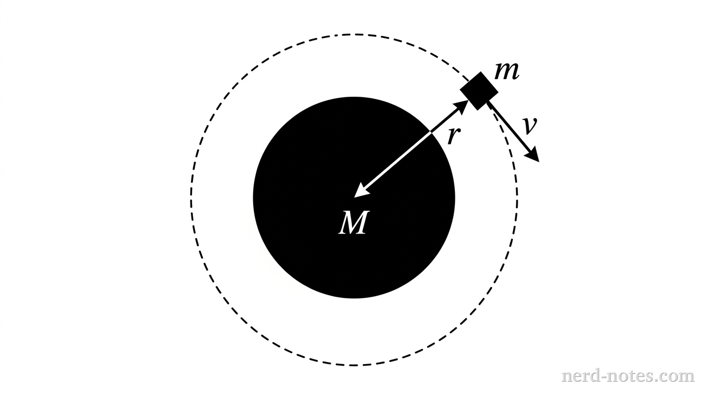 A satellite of mass m in a circular orbit around a planet of mass M.