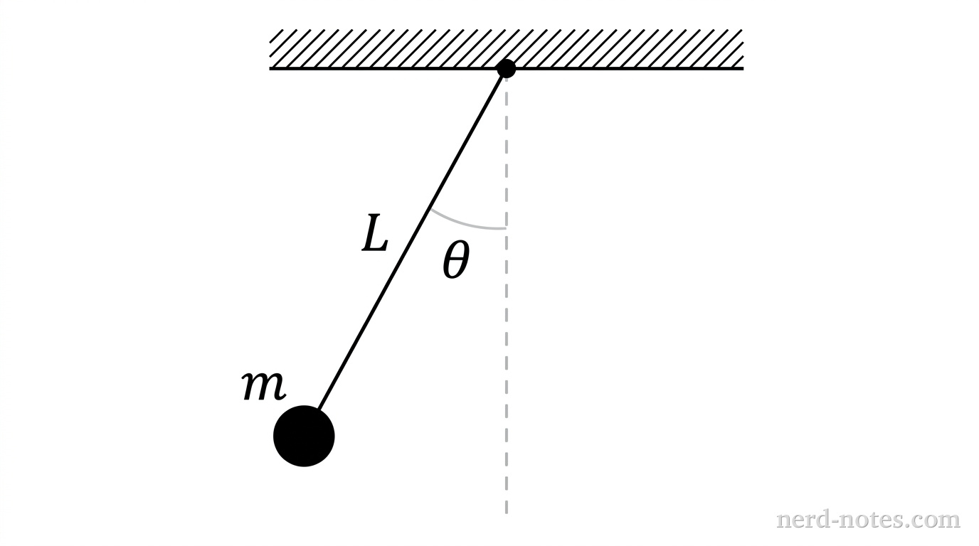 A simple pendulum system. At the top is a horizontal ceiling. A thin string of length L is attached to the ceiling at a pivot point. At the bottom of the string is a spherical bob of mass m. A dashed vertical line represents the equilibrium position. The pendulum is shown displaced from equilibrium by a small angle theta.