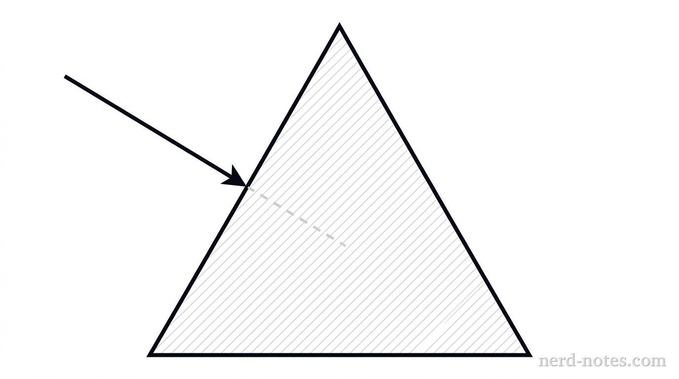 A 2D schematic diagram showing a triangular glass prism surrounded by air. The prism is depicted as an equilateral triangle with its flat base horizontal at the bottom and its apex pointing upward. A single straight line representing an incident light ray with an arrowhead pointing down and to the right approaches the left slanted face of the prism from the upper left. A dashed line perpendicular to the left slanted face marks the normal at the point of incidence. No separated colored rays, exit rays, or internal rays are drawn inside or beyond the prism. No other labels, lines, text, or axes appear.