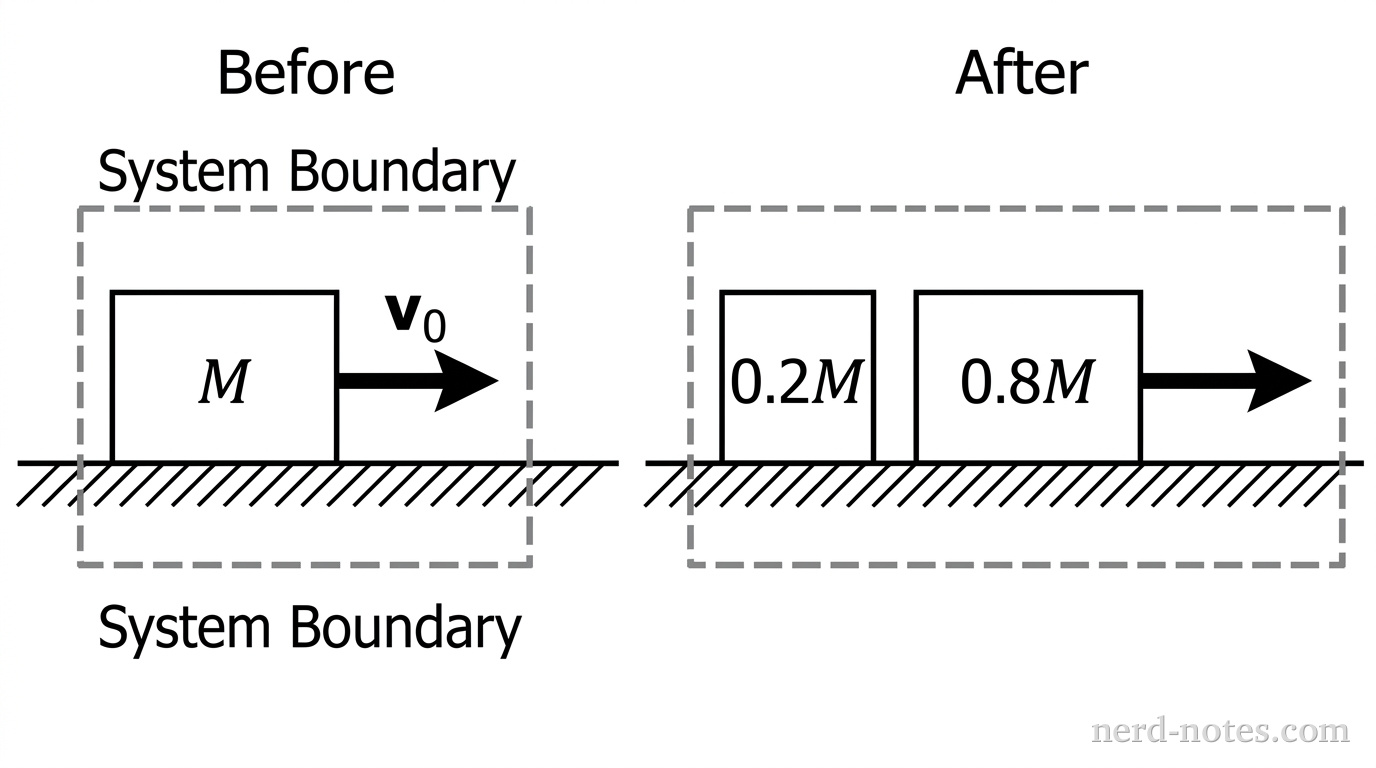 A two-part diagram. The 'Before' section shows a combined rectangular probe labeled with mass M moving to the right with a velocity vector v0. The 'After' section shows the probe split into two pieces: a smaller block of mass 0.2M that is stationary, and a larger block of mass 0.8M moving to the right with a velocity vector longer than v0. A dashed box surrounds both pieces in both sections to indicate the system boundary.