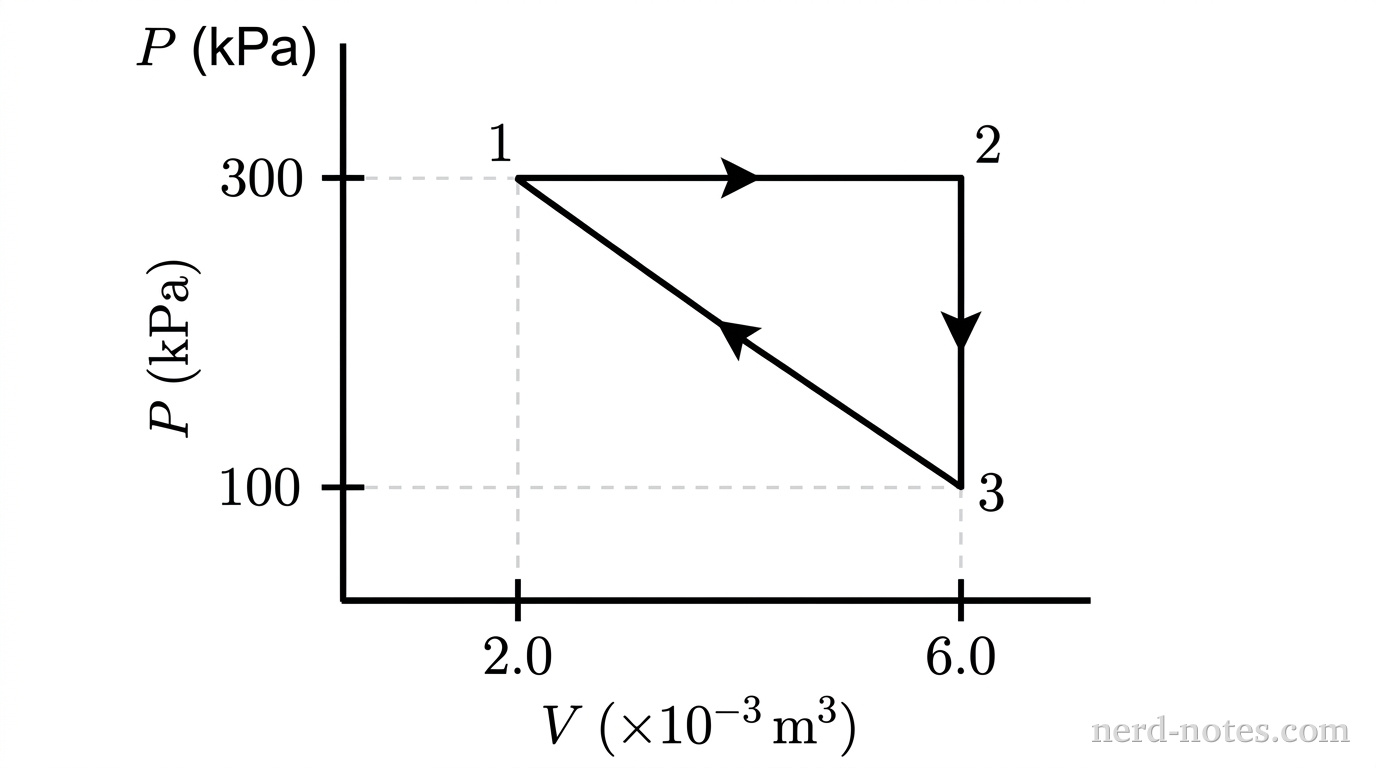 A two-dimensional Cartesian graph of pressure P in kilopascals on the vertical axis versus volume V in cubic meters multiplied by 10 to the power of negative 3 on the horizontal axis. The vertical axis has ticks labeled 100 and 300. The horizontal axis has ticks labeled 2.0 and 6.0. Three state points form a right triangle in the first quadrant: Point 1 is located at (2.0, 300), Point 2 is located at (6.0, 300), and Point 3 is located at (6.0, 100). A horizontal line with a rightward arrow connects Point 1 to Point 2. A vertical downward line with a downward arrow connects Point 2 to Point 3. A straight diagonal line with an upward-leftward arrow connects Point 3 back to Point 1, completing a clockwise triangular loop. Dashed projection lines extend from Point 1 and Point 3 to both axes. No other labels, lines, text, or axes appear.