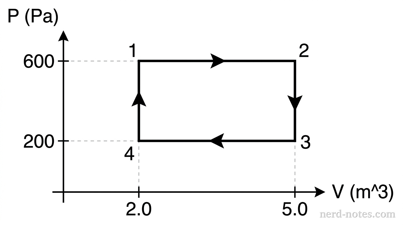 A rectangular \(P\)-\(V\) diagram with pressure \(P\) on the vertical axis and volume \(V\) on the horizontal axis. The vertical axis has tick marks labeled \(200\text{ Pa}\) and \(600\text{ Pa}\). The horizontal axis has tick marks labeled \(2.0\text{ m}^3\) and \(5.0\text{ m}^3\). A closed rectangular loop with four vertex points forms the cycle: point 1 at \((2.0, 600)\), point 2 at \((5.0, 600)\), point 3 at \((5.0, 200)\), and point 4 at \((2.0, 200)\). A horizontal line segment with a rightward arrowhead connects point 1 to point 2. A vertical line segment with a downward arrowhead connects point 2 to point 3. A horizontal line segment with a leftward arrowhead connects point 3 to point 4. A vertical line segment with an upward arrowhead connects point 4 back to point 1. Dashed grid lines extend from each vertex to the corresponding axis ticks. No other labels, lines, text, or axes appear.