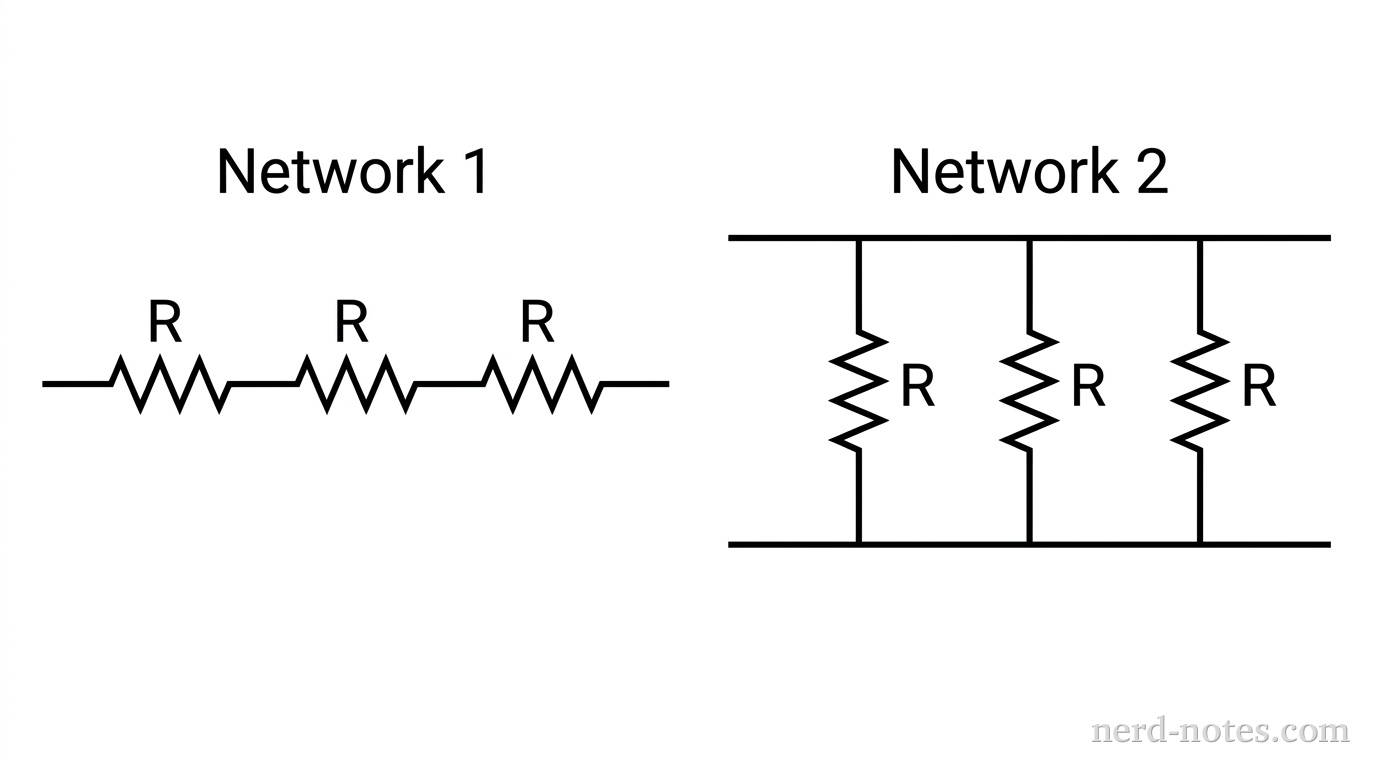 Two simple resistor networks drawn side by side. On the left, labeled 'Network 1', three identical resistor zig-zag symbols are connected end-to-end in series along a single horizontal wire, each labeled R. On the right, labeled 'Network 2', three identical resistor zig-zag symbols are arranged vertically in three parallel branches, each labeled R, connected at top and bottom horizontal junction wires. No batteries, ammeters, or other circuit components appear.