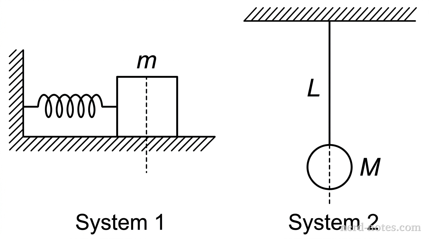 Side-by-side view of two setups. On the left, System 1 shows a block of mass m attached to a horizontal spring fixed to a wall. On the right, System 2 shows a pendulum with a string of length L hanging from a ceiling with a bob of mass M at the end. Both are at equilibrium.