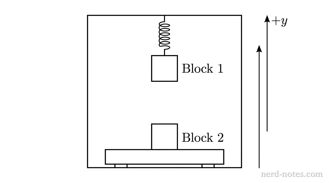 A vertical rectangular enclosure representing a test cab with a flat ceiling and a flat floor. Attached to the center of the ceiling is a small vertical coil spring representing an ideal spring scale, with a square mass labeled Block 1 suspended directly beneath it. On the floor of the enclosure rests a flat, wide rectangular base representing an ideal platform scale, with an identical square mass labeled Block 2 resting centered on its upper surface. To the right of the enclosure, a single vertical coordinate axis arrow points upward, labeled +y. No other labels, lines, text, or axes appear.